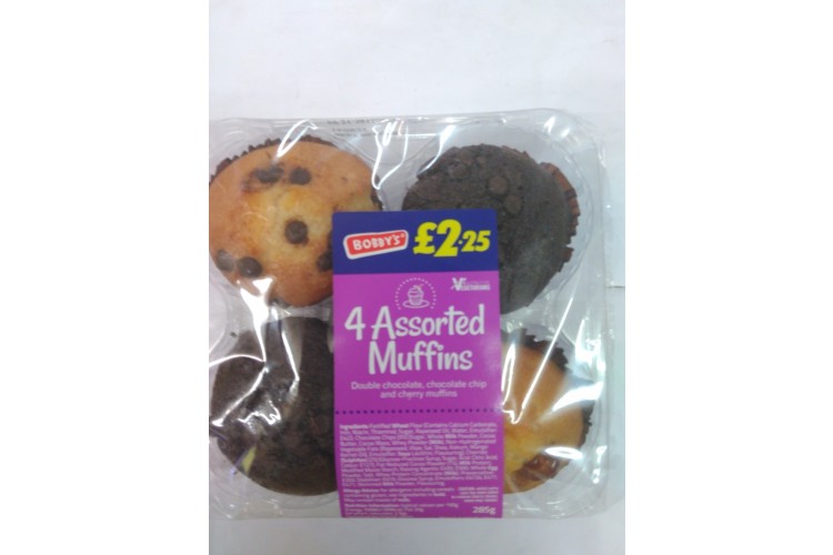 Bobby's 4 Assorted Muffins Double Chocolate Chocolate Chip And Cherry Muffins 285g 