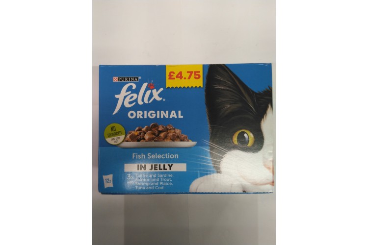 Felix Fish Selection 3X Saithe And Sardine, Salmon and Trout, Shrimp and Plaice, Tuna and Cod In Jelly 12 Pack x 100g