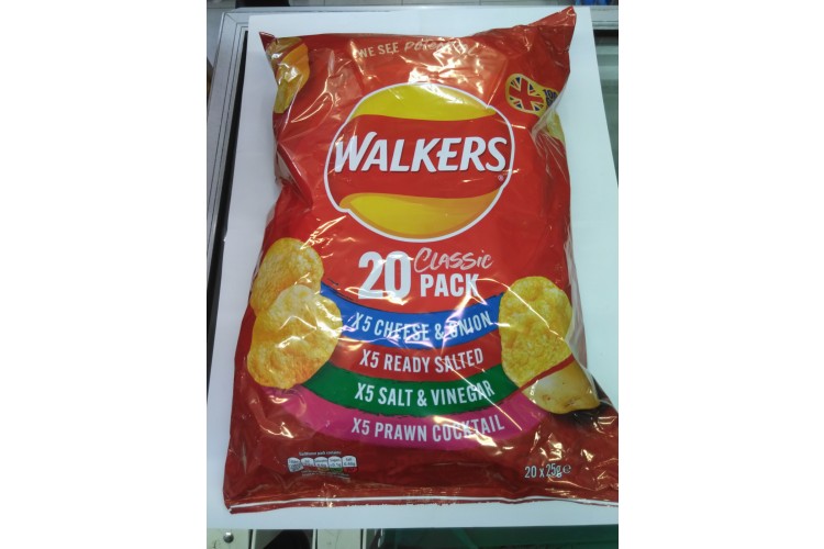 Walkers 20 Classic Pack x5 Cheese & Onion x5 Ready Salted x5 Salt & Vinegar x5 Prawn & Cocktail