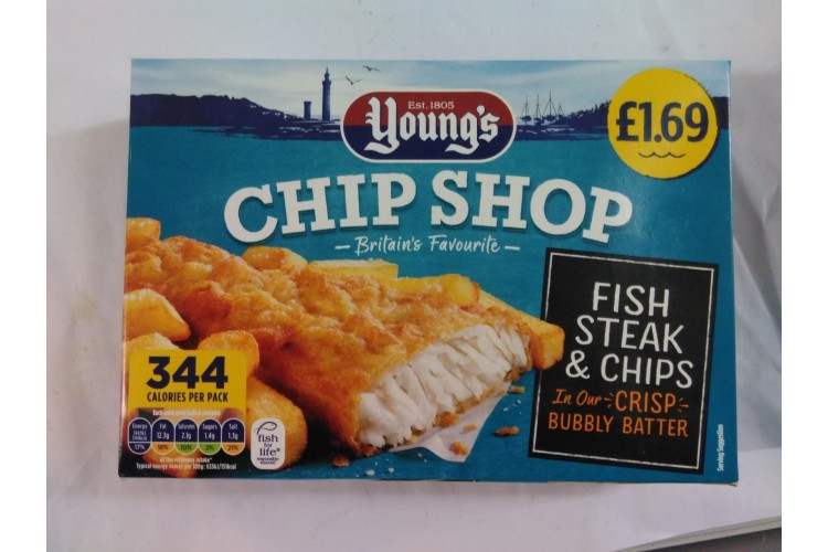 Youngs Chip Shop Fish Steak & Chips In our Crisp Bubbly Batter 300g